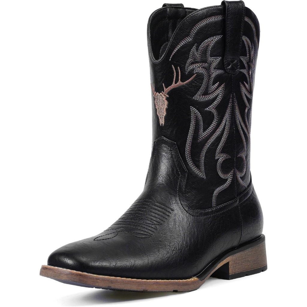 Men's Black Western Boots Slip Resistant Country Boot Retro Classic Embroidered